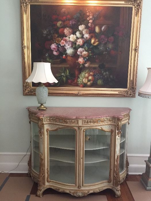 Antique French Cosole Cabinet, Sabine Lamp , large still life oil on canvas ( artist name illegible)
