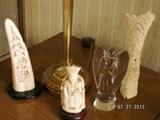 Carved ivory and bone pieces. Baccarat angel.