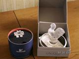 Swarovski frog and Lalique rooster ring dish.