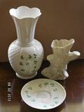 Belleek vases and saucer.