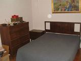 4-pc Danish Modern bedroom set includes bed, bed table, tall dresser and low dresser with mirror.