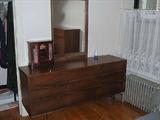 4-pc Danish Modern bedroom set includes bed, bed table, tall dresser and low dresser with mirror.