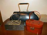 Wow-factor vintage handbags! The navy leather is Koro, the gray lucite is Jerri's of Miami and the cinnamon lucite is Ascot N.Y.C.