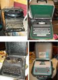 Four vintage typewriters, clockwise from top left: Remington Noiseless 6 (1929); Royal Speed King (1939); Petite #4414 Made in England (1960s); Remington Rand Deluxe Model 5 (1940-49).