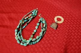 Turquoise necklace, Sterling & Mother of Pearl Baby Rattle 