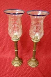 Very unusual Russian brass candlesticks with frosted globes