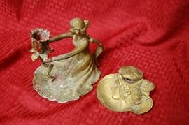 Art Deco lady figural bronzed ink well and candle holder