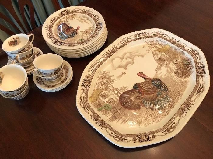 Barnyard King by Johnson Bros Turkey Platter, dinner plates, and cups and saucers