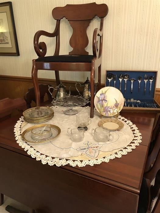 Dining Table with 2 leaves, six chairs, Cake plate, Some Heisey Glass