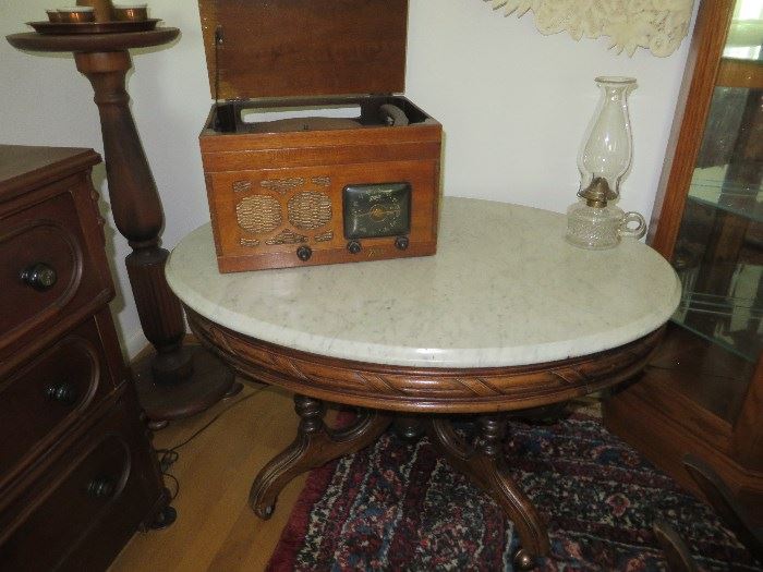 Marble top coffee table and antique zenith radio phonograph