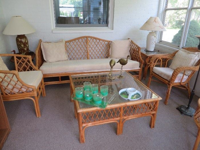 Rattan  couch, coffee table, side tables & chairs