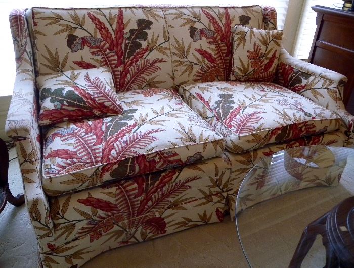 Custom upholstered linen love seat sofa, 56"