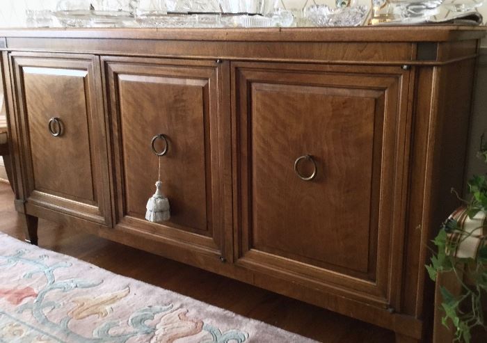 Baker "Milling Road" design mid-century cabinet server. Pecan wood, 61" long, 2 drawers.