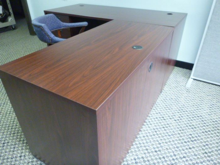 Rm 7 - Cherry Wood Executive Desk and Extension.  Blue Fabric  Side Chair on Rollers