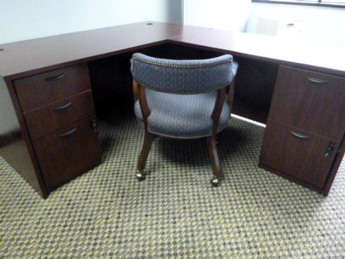 Rm 7 - Executive Desk and Extension with Blue Fabric Rolling Side Chair