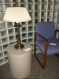 Conference Room - Drum Table, Table Lamp, Blue Fabric and Wood Side Chair