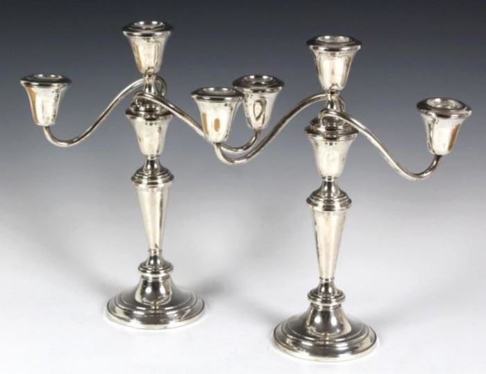 Matching Classical Sterling Silver Weighted Candelabras | Each is a Three (3) Branch Candelabra holding 3 candles; Twisted arms | Branches hold three candles, but can be unscrewed and converted into single candle Candlesticks | The Candelabra are Hallmarked Fisher Sterling on the bottom