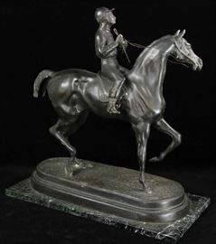 19th Century Signed French Equestrian Bronze Sculpture by important and well listed French Sculptor Charles Valton (1851 – 1918) | Bronze Statue depicts a bronze jockey on horse | Includes fine marble base | Approx. Dimensions: 23″ H x 23″ W x 11″ | Charles Valton was a French sculptor known for his works created in the animalier style, a 19th-century movement which depicted animals in active poses with realistic anatomy. He produced numerous small-scale models of African and Indian wildlife, including lions, tigers, jaguars, camels, and elephants, often using granite or white marble as the base for the bronze casts around the animal to depict stone or snow. Born on January 26, 1851 in Pau, France, Valton grew up in the French capitol and spent much of his time at the Jardin des Plantes botanical garden. He also studied with two artists who served as the directors of the Parisian zoological garden. Valton’s work was exhibited regularly in the Paris Salons between 1868 and 1914, and the