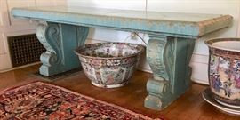 Rare, Gladding McBean Garden Bench, Translucent Aqua-Green Glaze on Cast-Stone, Acanthus Scroll Form; 1920-1930; Large Scale Famille-Rose Bowl & Planter