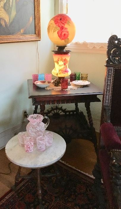 Antique, Handmade Lemonade Set; Marble-top Table/stool; Hand-carved Oak Table; Vintage Thumbprint  Tumblers; GWTW Oil Lamp (electrified) Hand-painted Shade & Body