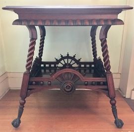 Intricately Turned and Carved Oak Claw Foot American Victorian Table