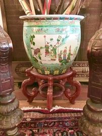 Old Chinese Famille Verte Fishbowl on Wooden Stand