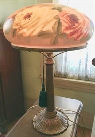 Antique Reverse Painted Arts Crafts, Mission Desk Lamp, Mushroom Shade, Hand-painted Roses, signed Adolph Dolph