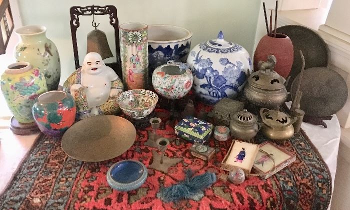 Chinese Ceramics, Antique and Vintage; Pottery, Xixing, Porcelain;  Brass Incense Burners, Bowls, Pipe