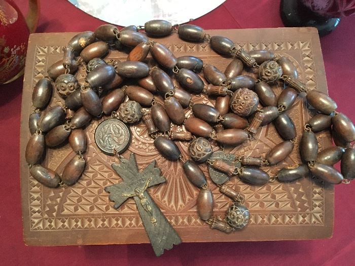 Hand-carved Early 20th C. Souvenir Rosary from Lourdes; Hand-carved Box