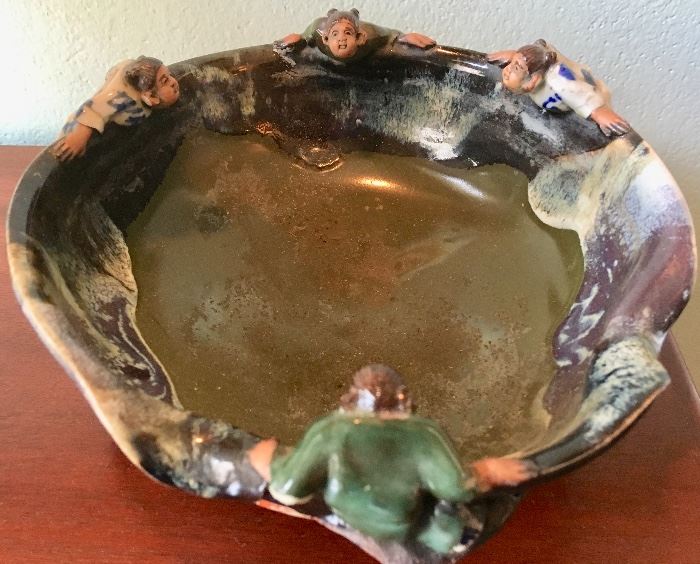 Studio Glazed Japanese Earthenware bowl with figures circling rim