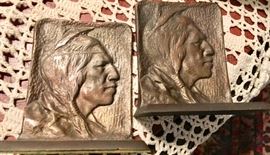 Indian Head Bookends, patinated brass