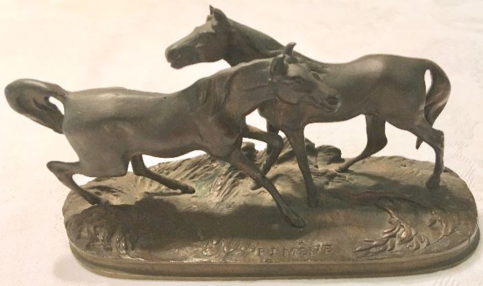 French Patinated Miniature Bronze Figure of Two Horses by P.J. Mene, 3″ high x 5″long x 2″deep
