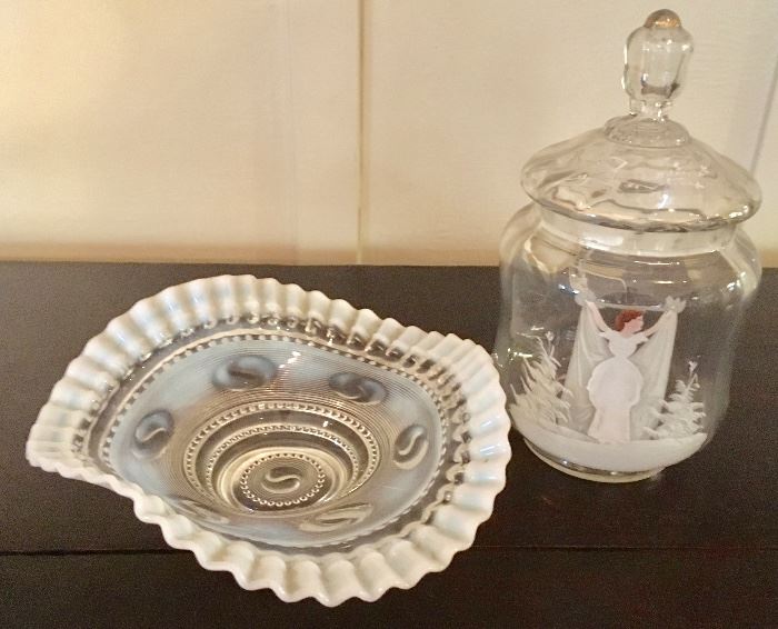 Fluted edge Opalescent Glass Bowl; Edwardian Mary Gregory Lidded Biscuit Barrel/Sweet Jar