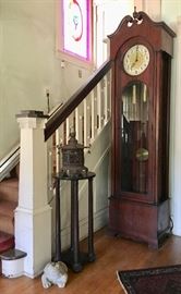 Mahogany Tall-Case Clock with Scroll Pediment; Column Stand; Iron Lantern; Carved Concrete Garden Frog