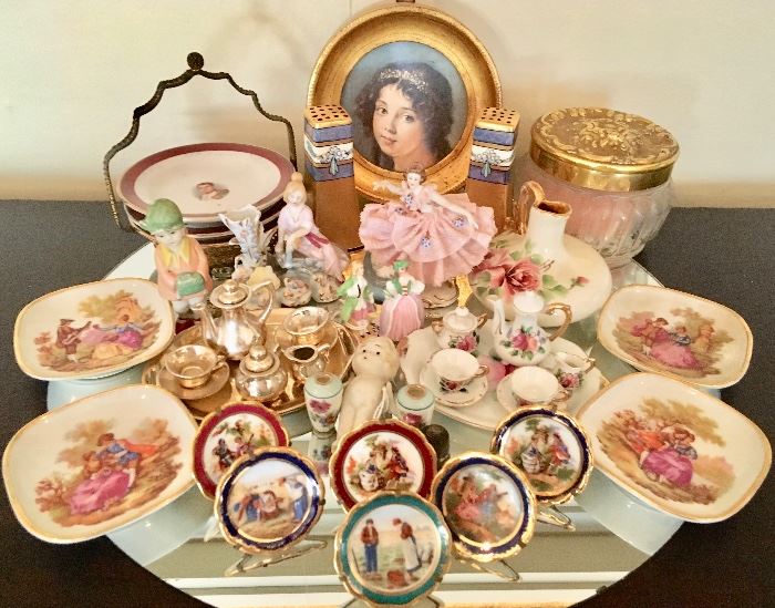 Perfect Dresden Figurine surrounded by miniatures, including rarely unbroken 1920'-1930 German Penny Doll