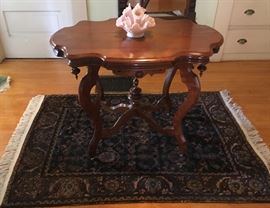 Hamadan from the 1920s,  57"x41" under a Turn-of-the-Century Center Table with Pink Hobnail Glass, Trumpet Centerpiece by Fenton