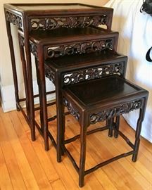 Nest of Carved Chinese Wood Tables with Floral Apron Details