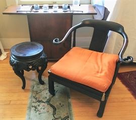 Carved and Lacquered Chinese Stand and Curl Arm Chair; Cart with Lift feature all on Chinese Silk LoveBirds Mat/Rug