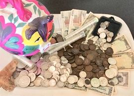 Silver Kennedy's, Quarters, Dimes; Civil War Pennies (1c & 2c), War Issued Paper Currency, French Coins, Commemorative Coins & Medallions & "Piggy Bank"  from Mexico 
