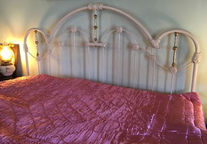 King-Size Iron & Brass Bed; satin comforter
