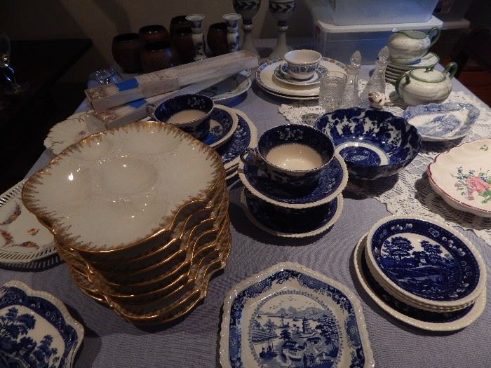 Limoges oyster plates, Copeland antique blue Transferware.