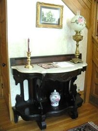 Late 1880's Marble Top Foyer Table made by Wilkens & Hall, Indianapolis, Indiana. 
