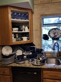Overview of blue casualwsre from Ballard Designs, pewter entertainment pieces, Delfi, as well Crate and Barrel serving pieces 