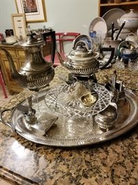 Antique English Silverplate tea set with Waterford Lismore Cakeplate