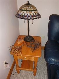 Solid Oak End Table~Tiffany Style Lamp