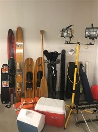 Vintage Mike Suyderhoud Western Wood Skis, Vintage Cypress Gardens Dick Pope Jr. Slalom Ski, Vintage Taperflex Slalom Ski, Golf Clubs, Feather Brand Ore, Life Jackets, Coolers, Double Flood Light...