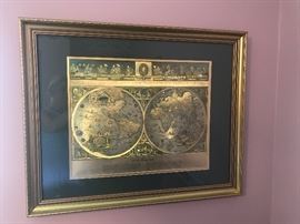 Vintage Framed Gold Foil Blaeu World Map