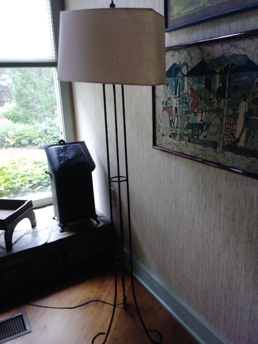 Floor lamp , vintage coal box in background 