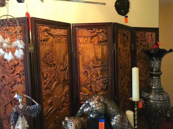 5 panels oriental carved wood screen
