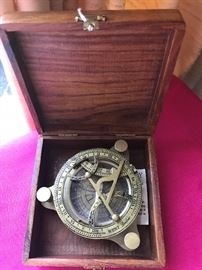 Vintage Brass Sun Dial w/ Wood Box